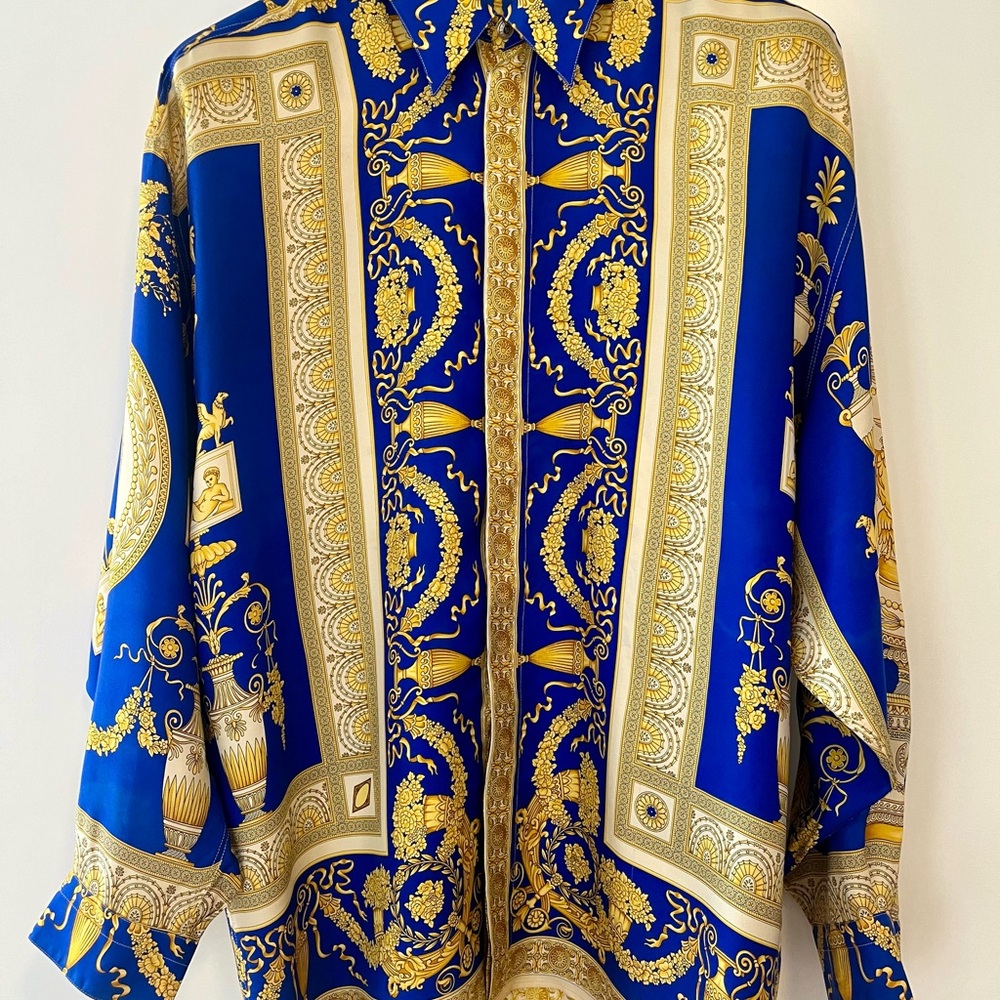 Rare Gianni Versace Golden Eagle Cornicopia Baroque silk button up shirt XXL